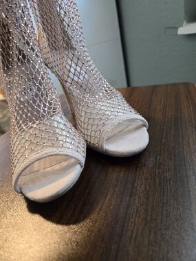 Charles David Crystal Mesh Open-Toe Heels in Blush Pink